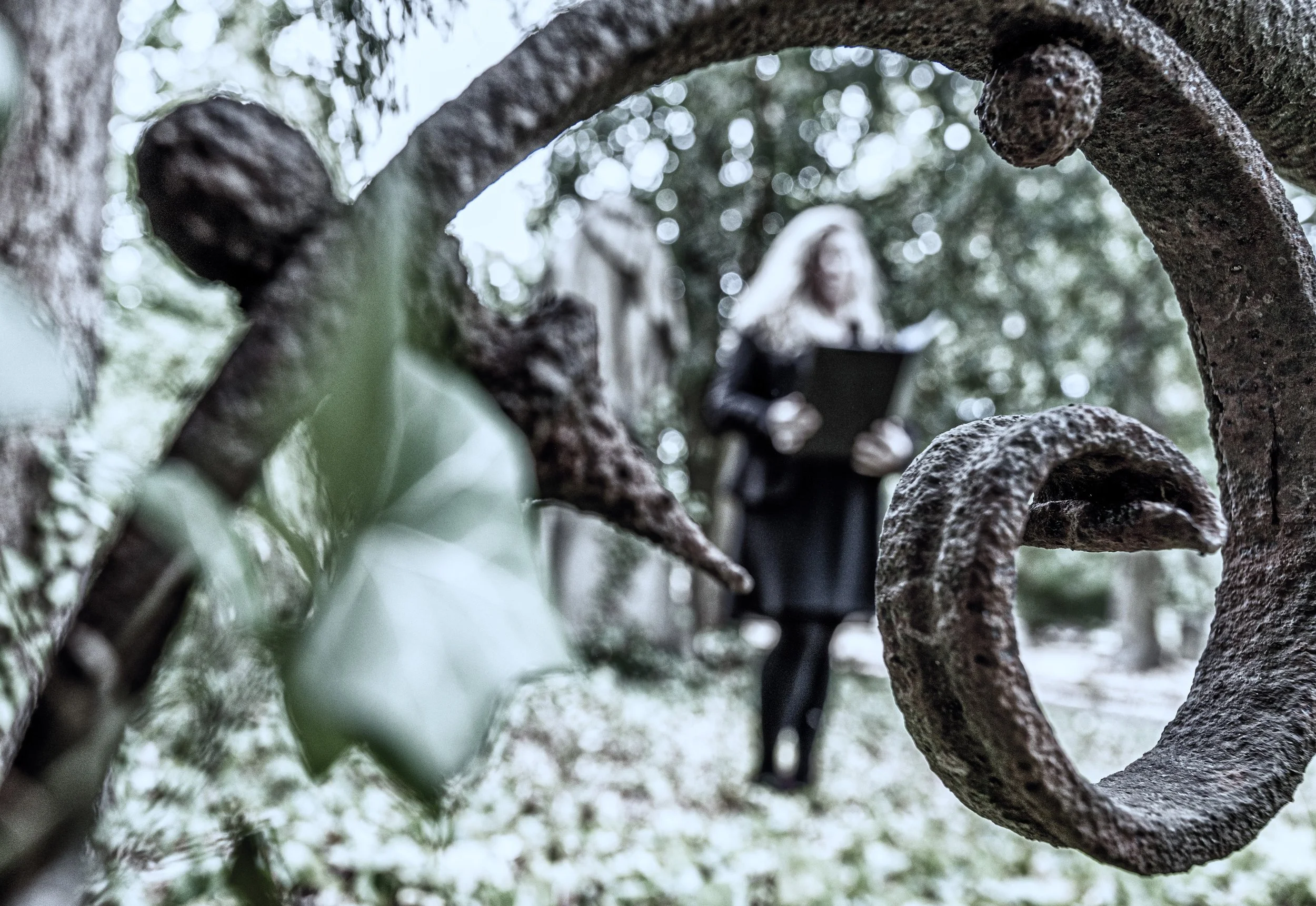 Eine Frau mit weißen Haaren, die ein Buch liest, im Hintergrund, gesehen durch ein rostiges, kunstvolles Gitter. Es scheint draußen im Garten oder Park zu sein.