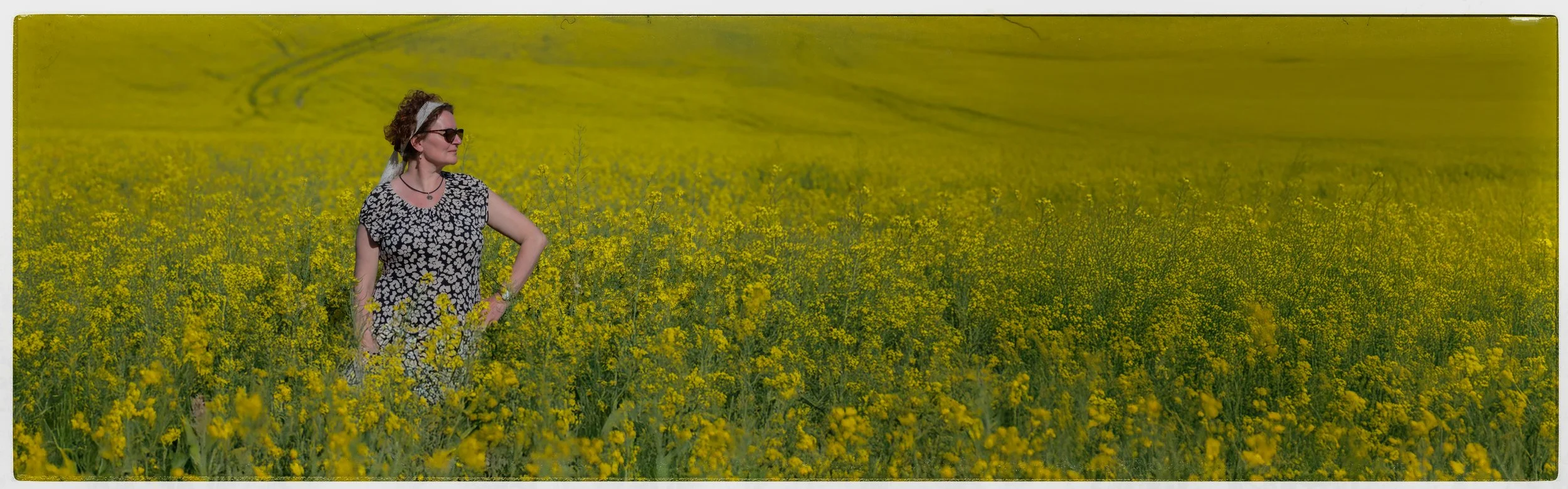 Frau in einem Blumenmuster-Kleid steht in einer gelben Blumenwiese, trägt Sonnenbrille und schaut zur Seite.