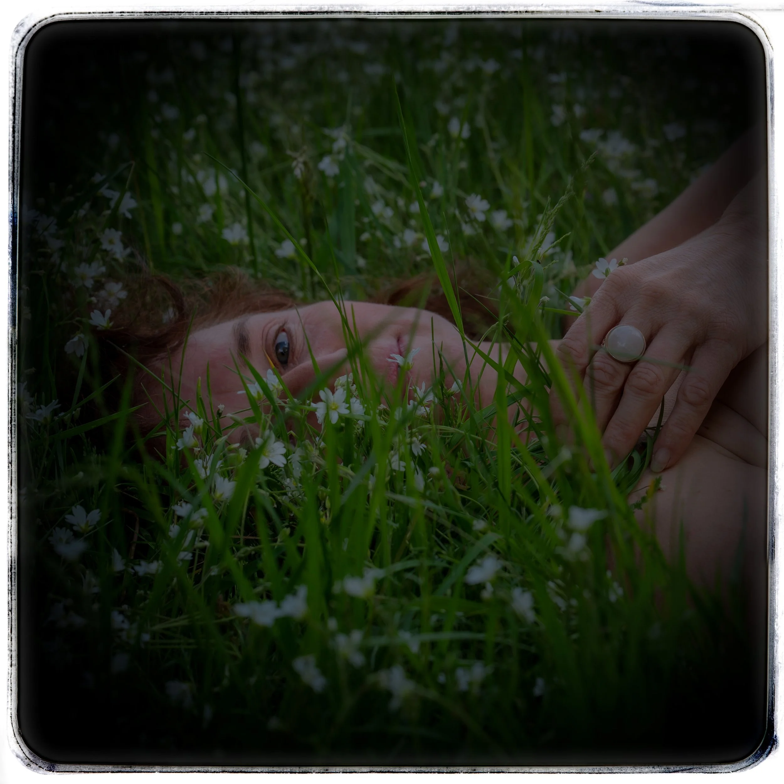 Frau liegt im Gras mit kleinen weißen Blumen, blickt zur Seite, Hand auf Brust, im Freien,