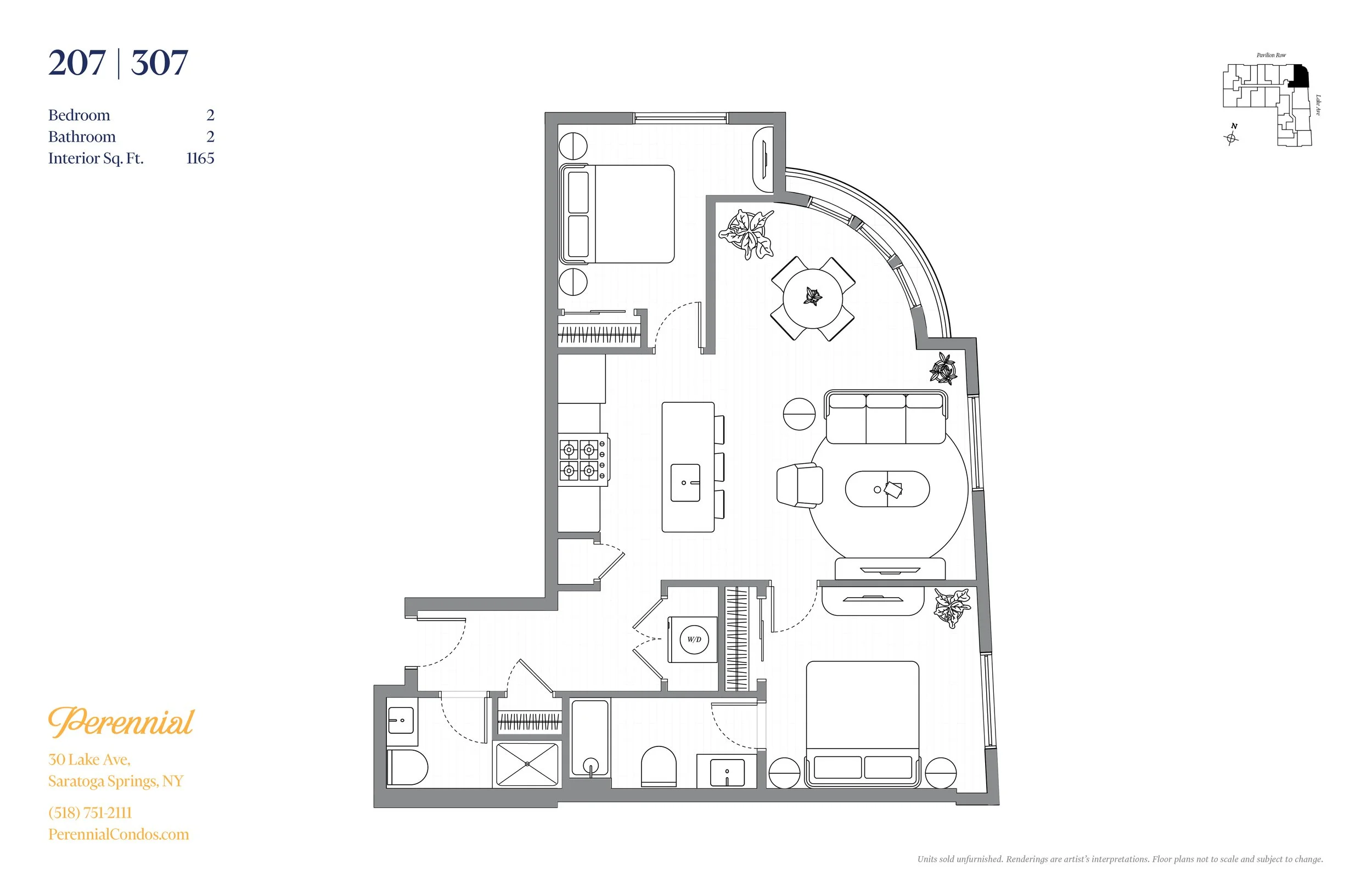 Floor plan layout of an apartment or condo, showing rooms such as living room, kitchen, bedroom, bathrooms, with furniture and fixtures, labeled with room names and measurements.