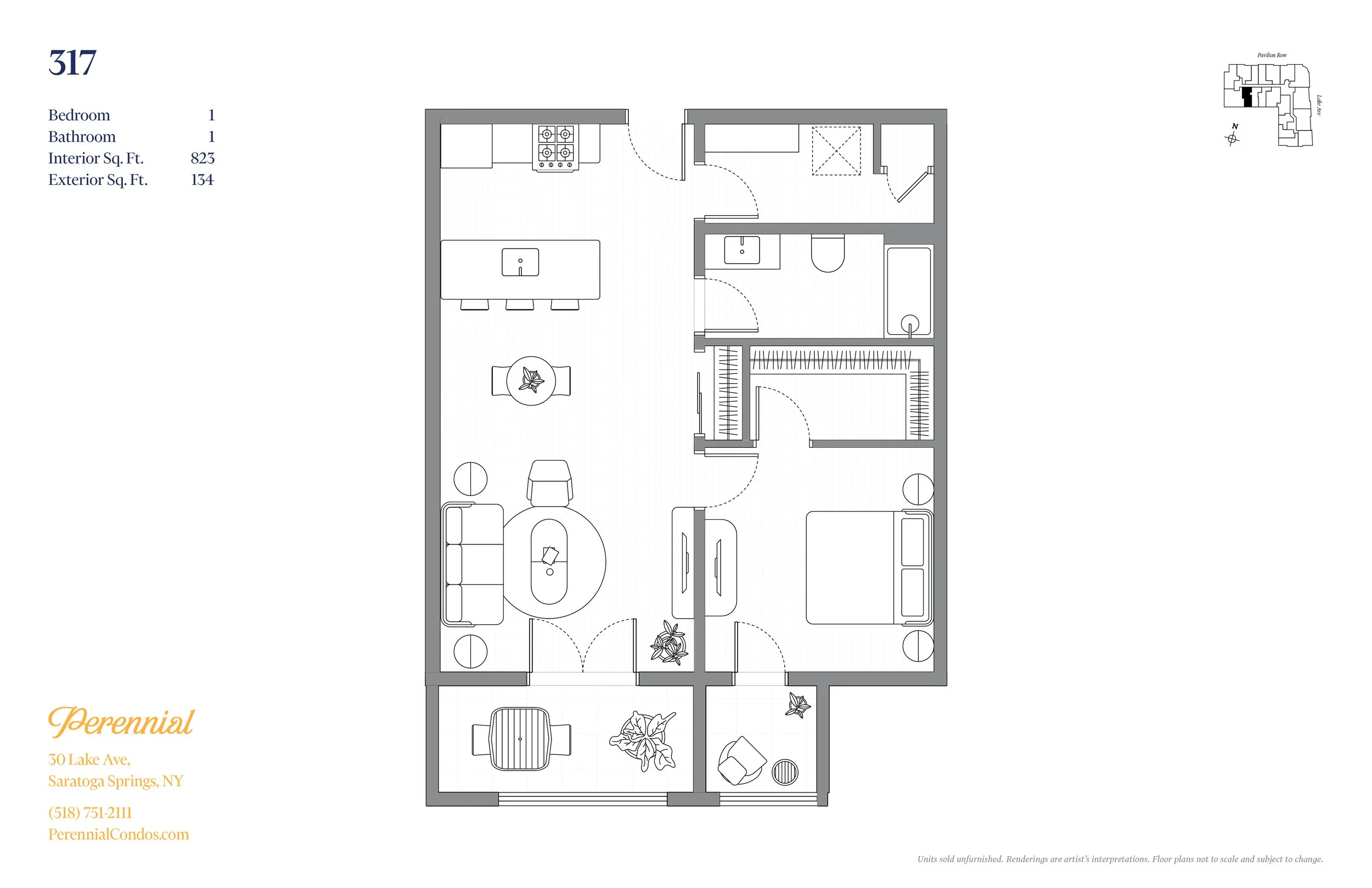 Floor plan of an apartment with two bedrooms and two bathrooms, showing the layout of rooms and furniture.
