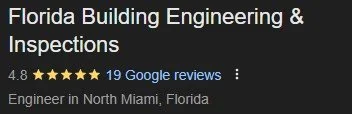 Screenshot of Florida Building Engineering & Inspections business listing showing 4.8 stars from 19 reviews, located in North Miami, Florida.
