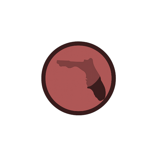 A circular logo featuring a silhouette of florida pointed to the left with its handle pointing downward, inside a red and black border.