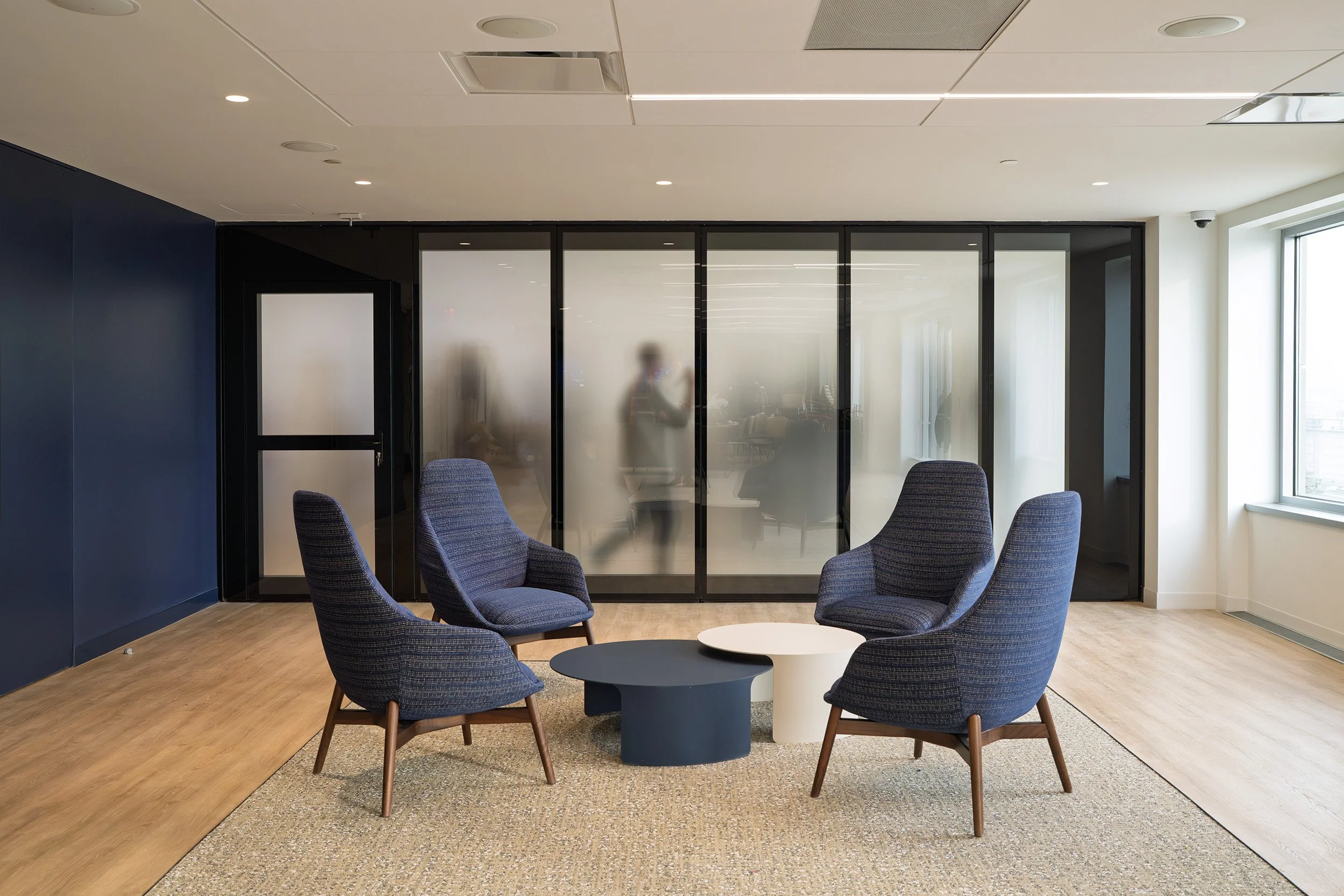 Modern office lounge area with four navy blue armchairs around two circular coffee tables, one white and one navy blue, on a beige rug near a large window and frosted glass office door.