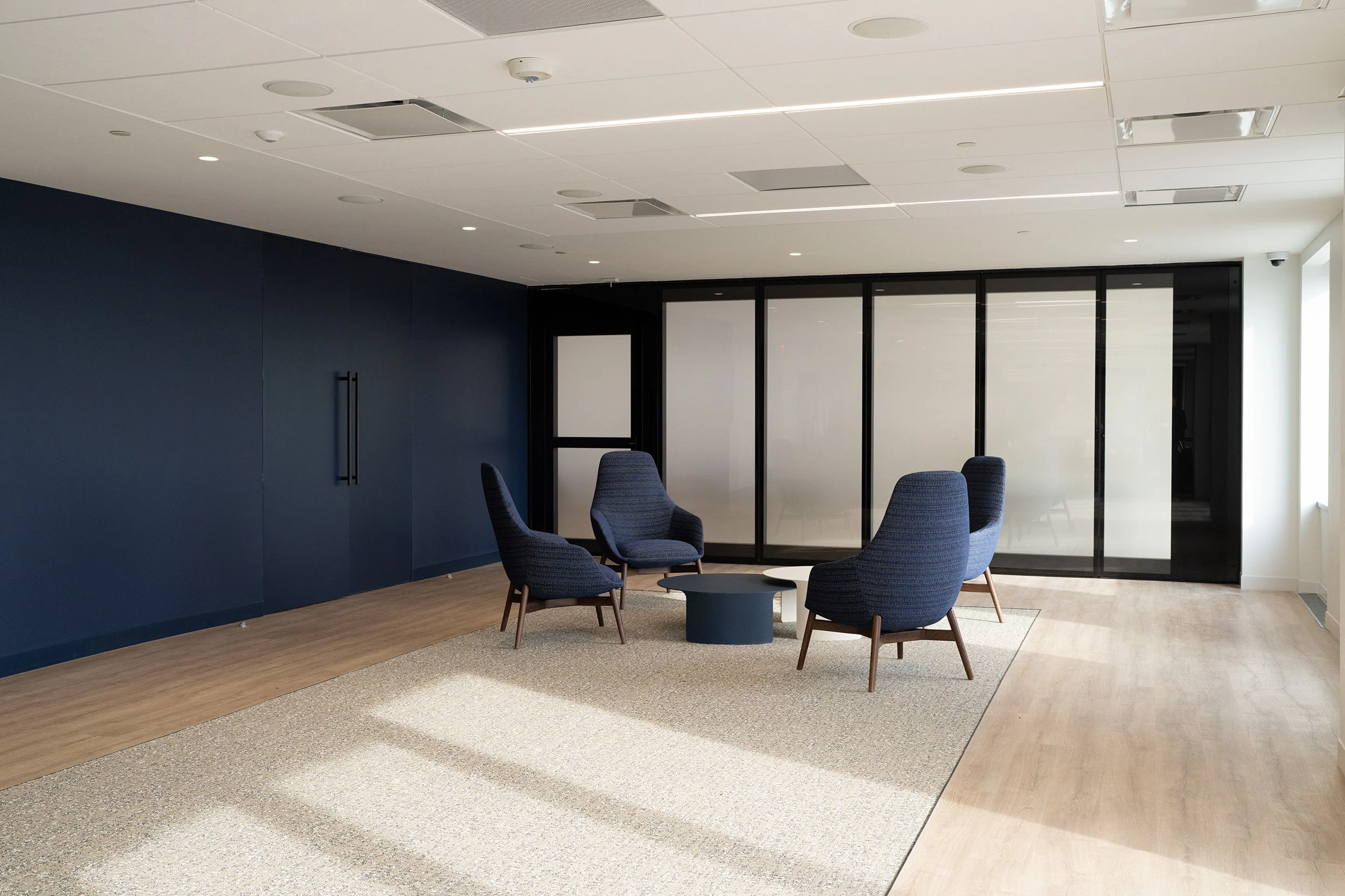 Modern office lounge area with four dark blue armchairs arranged in a circle around a small round coffee table on a beige rug, with black-framed glass wall and door, white ceiling, and wooden flooring.