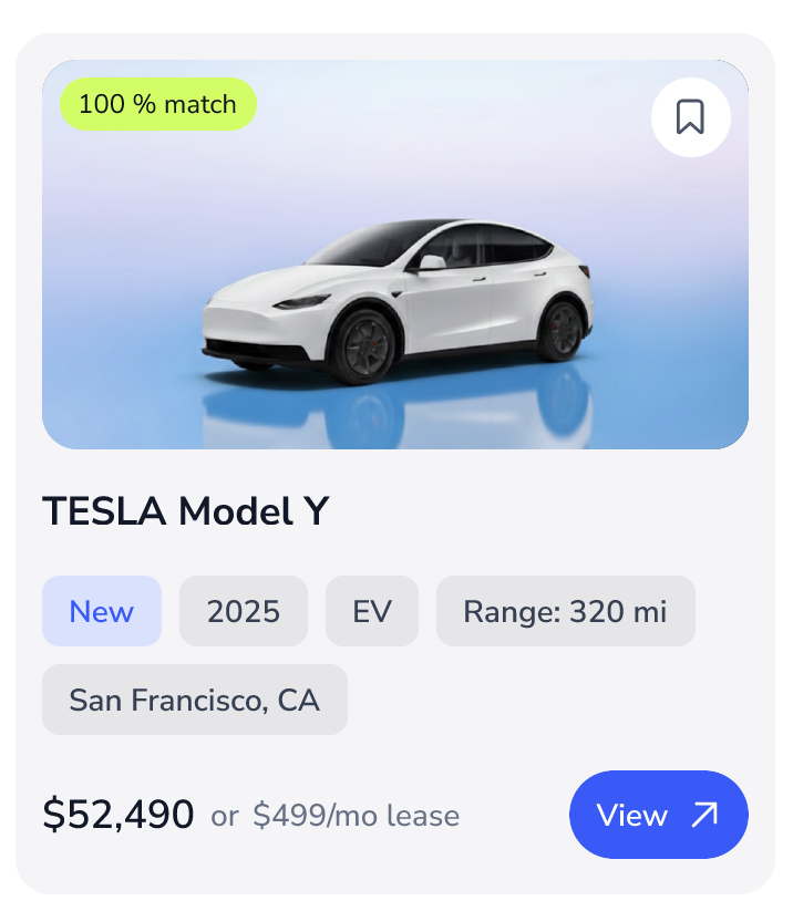 A white Tesla Model Y electric SUV with black wheels against a light blue background, displaying a '100% match' label in green at the top.