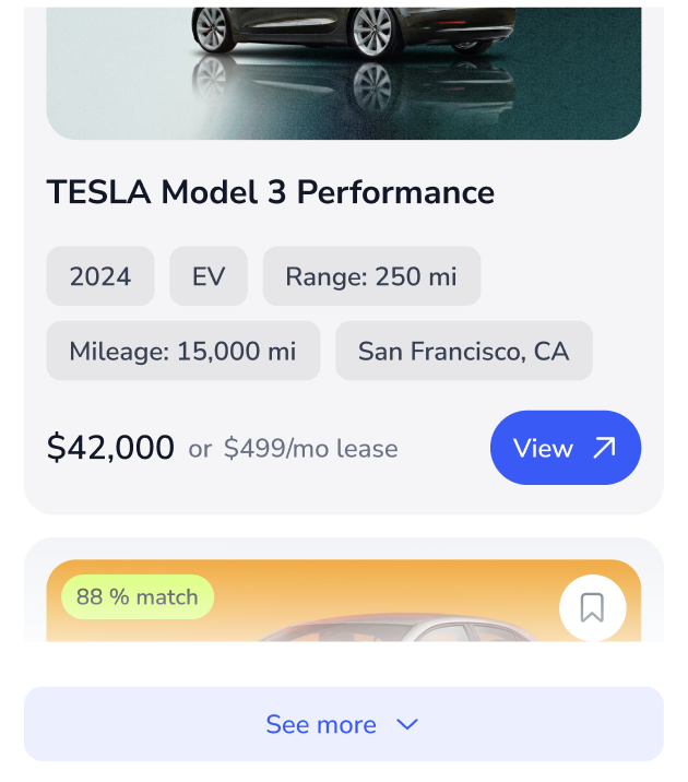 Details about a Tesla Model 3 Performance electric car listed for sale in San Francisco, California, with an estimated range of 250 miles, 15,000 miles of mileage, priced at $42,000 or $499 per month lease.