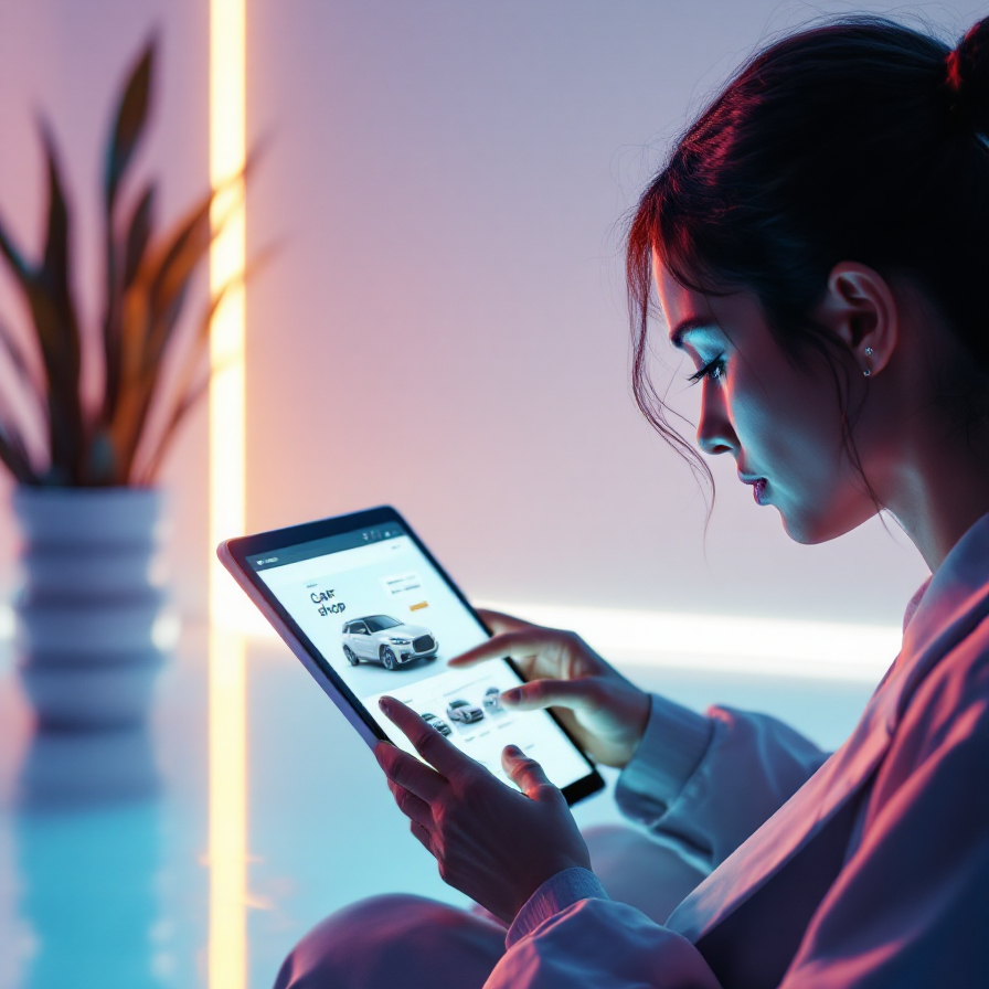A woman with dark hair in a ponytail shopping for cars on a smartphone in a brightly lit room.