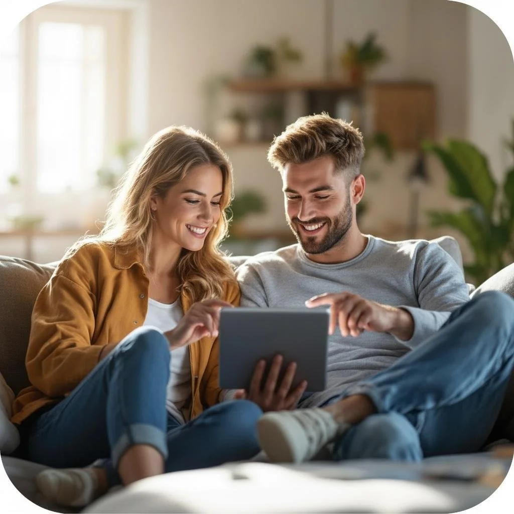A young woman and man sitting on a couch, looking at a tablet together and smiling in a bright, cozy living room.