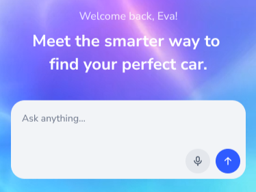 Welcome screen for a car search app displaying a greeting to Eva and a message about finding the perfect car, with a voice search box below.