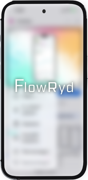 A smartphone screen displaying the FlowRyd app logo and blurred app interface in the background.