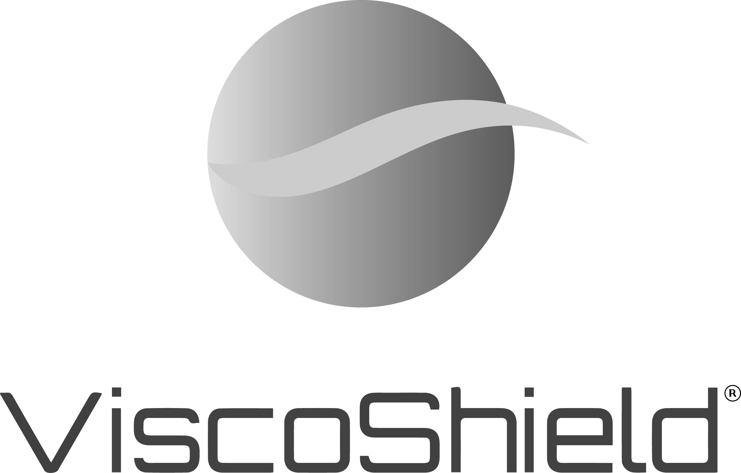A grayscale logo consisting of a spherical shape with a curved band across the middle and the word 'ViscoShield' below it.