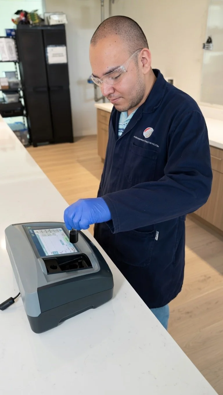 A man wearing safety glasses, blue gloves, and a navy jacket is using a small laboratory device on a white counter. The device has a touchscreen display and a slot for inserting samples.