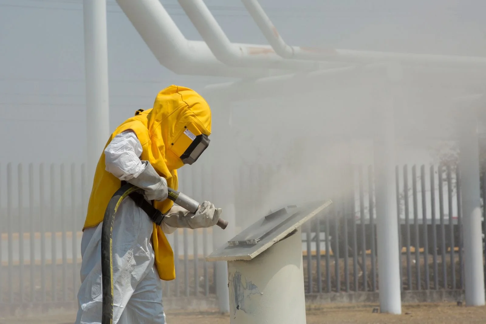 A worker in a yellow hazmat suit and face shield is using a hose to spray substances on a surface outdoors, surrounded by masking fog or smoke.