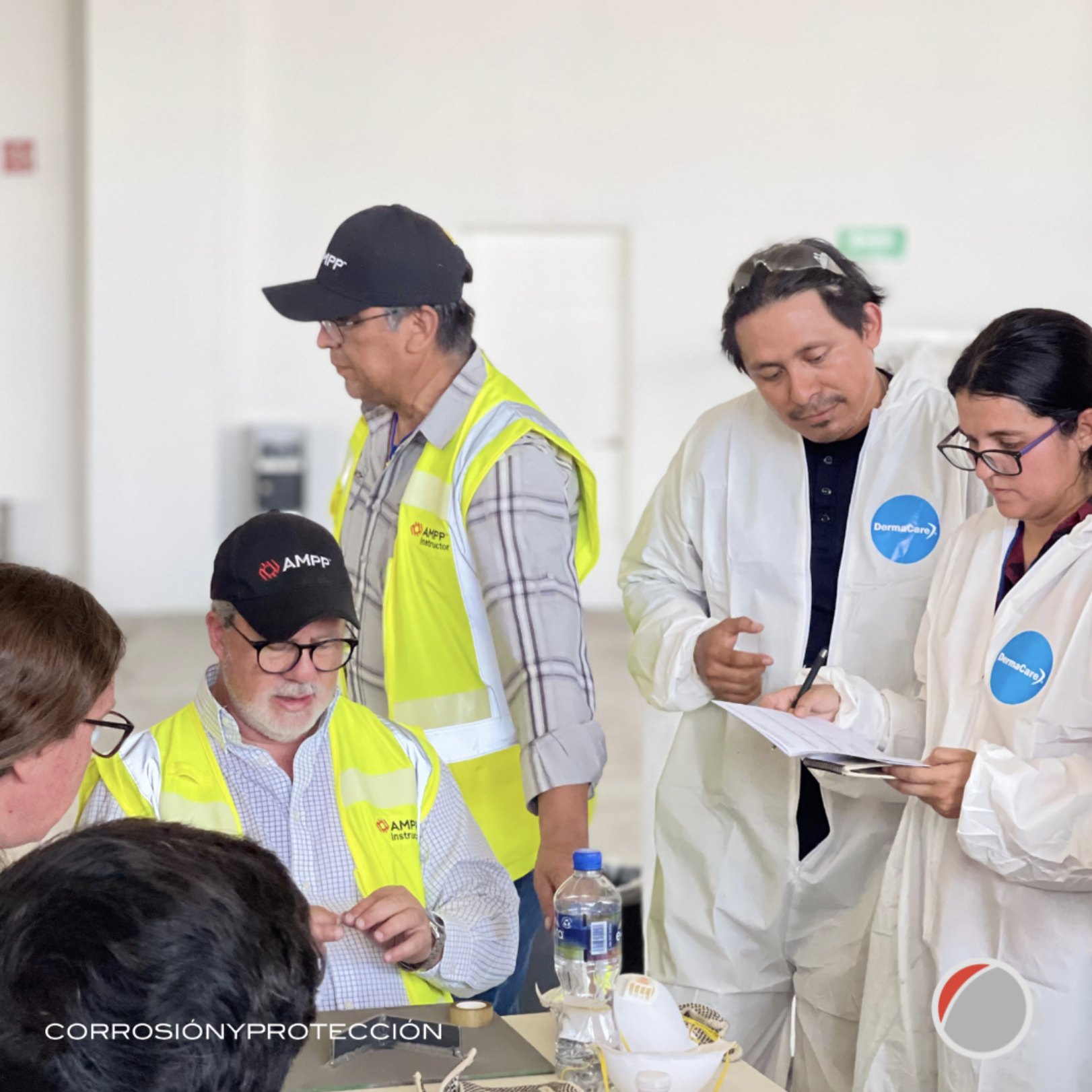 Group of professionals in protective clothing and high-visibility vests discussing or working on a project at a table in an indoor setting.