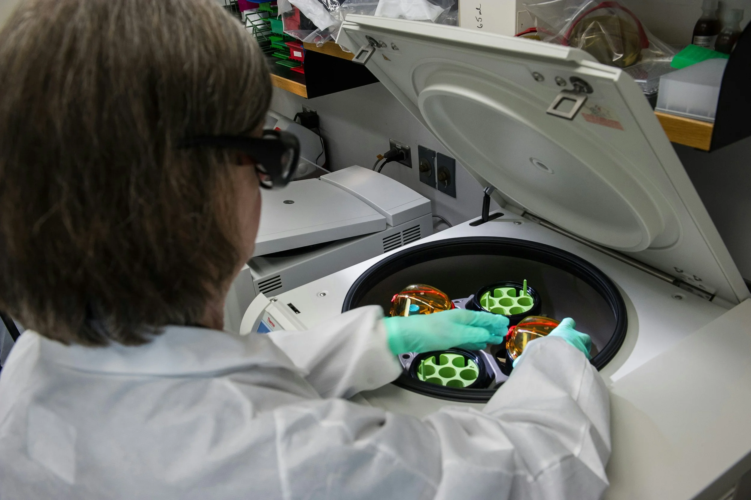 Scientist wearing protective gloves and glasses operating a centrifuge machine with orange and green components inside, in a laboratory setting.
