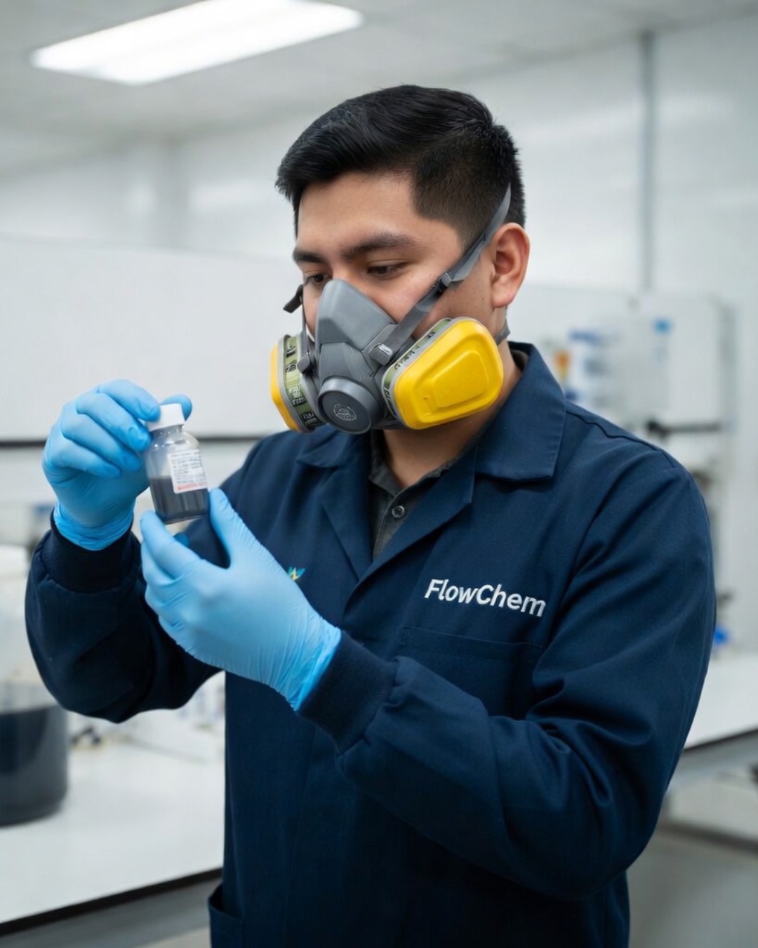 A scientist in a lab wearing a dark blue lab coat with 'FlowChem' embroidered on it, blue gloves, and a protective mask, holding a small vial and inspecting its contents in a laboratory setting.