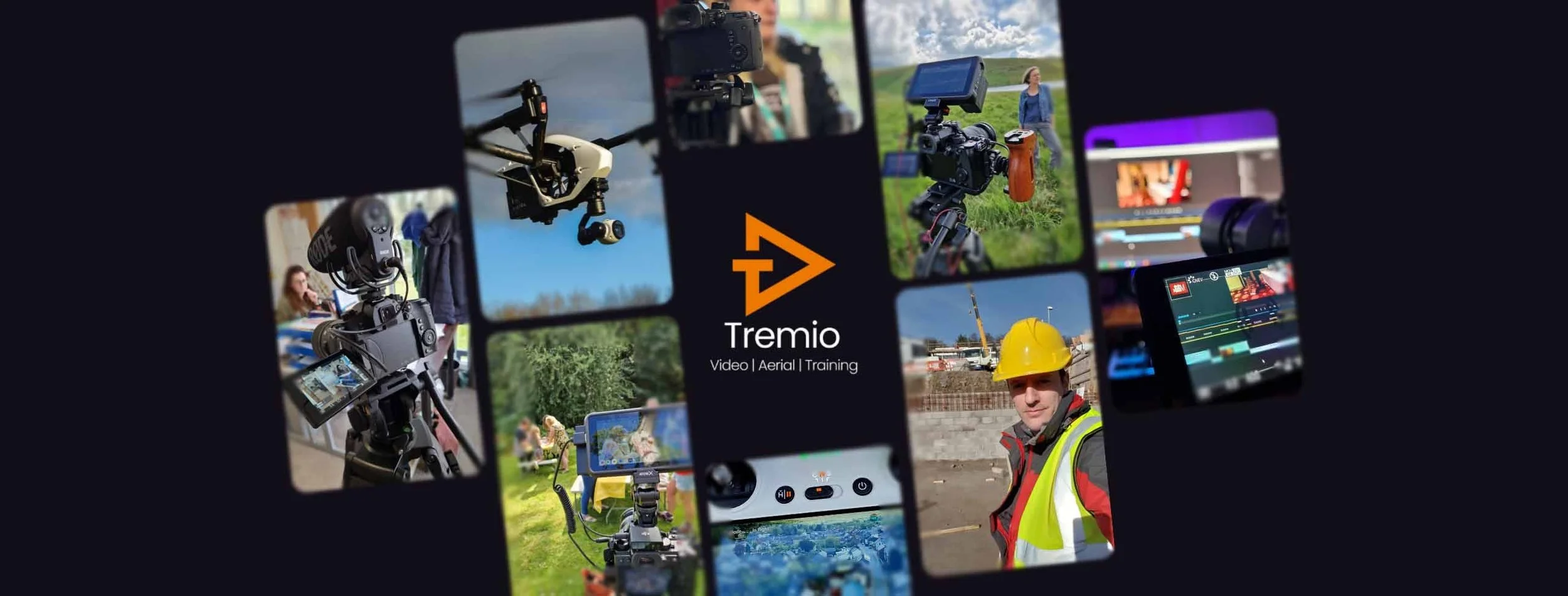 Collage of various video and aerial filming equipment, including cameras, drones, and monitors, with the logo and text for Tremio, a company specializing in video, aerial, and training services.