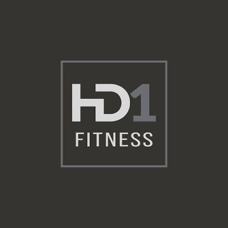 HD1 Fitness logo with gray and white text on a dark background