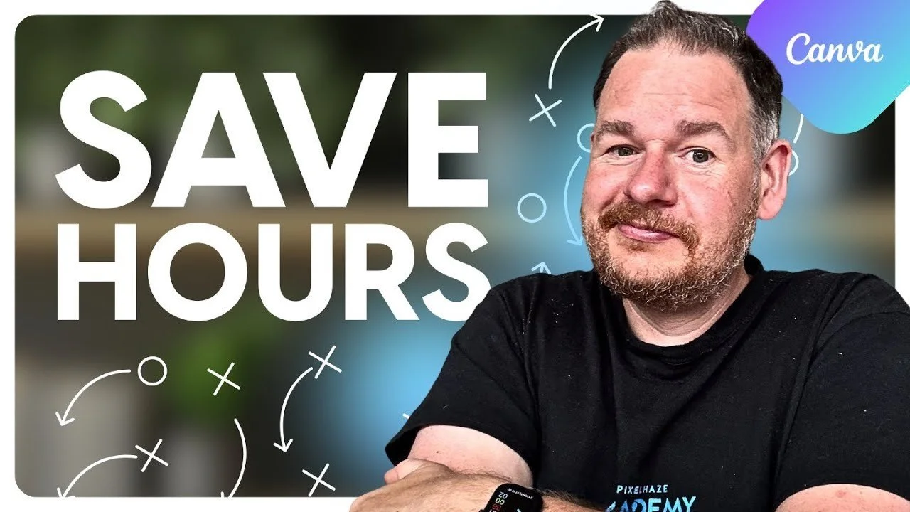 Thumbnail image of a man with short hair and a beard, wearing a black t-shirt, with the text 'SAVE HOURS' in large white letters and the Canva logo in the top right corner. The background is blurred.