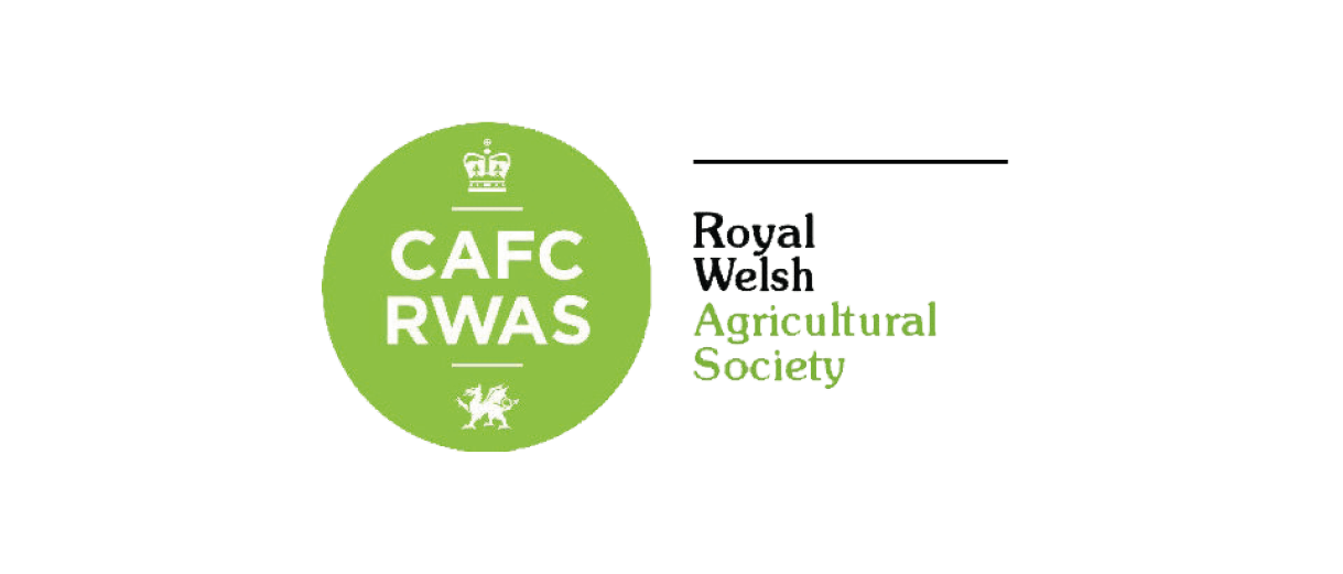 Logo for the Royal Welsh Agricultural Society featuring green circle with white crowns and Welsh dragon, and text indicating affiliation with the Royal Welsh Agricultural Society.