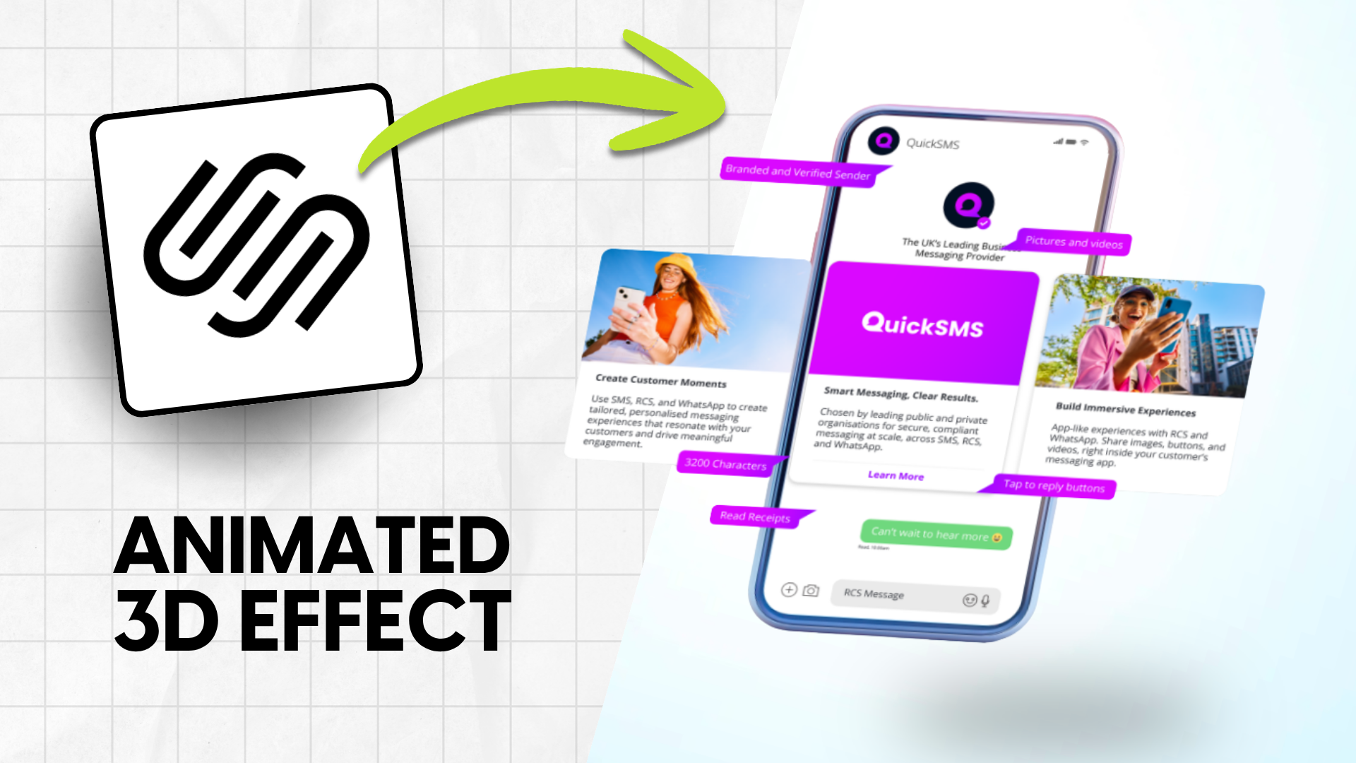 Animated 3D graphic showing the logo of a messaging app, with a smartphone displaying an app interface with features and labels in vibrant colors.