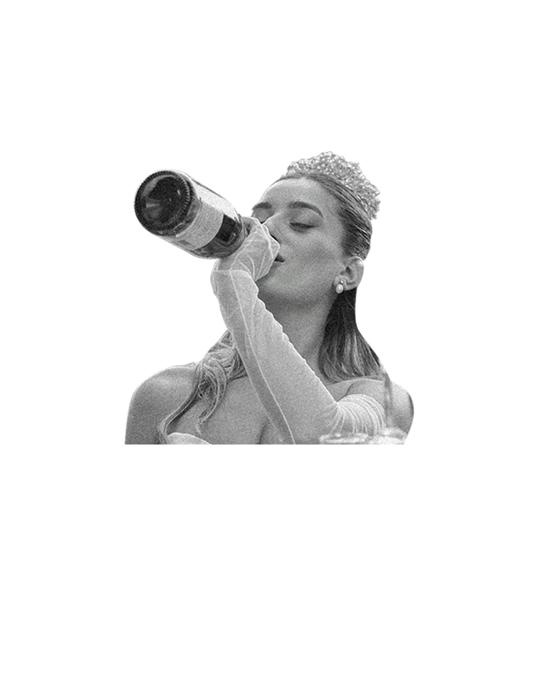 Black and white photo of a woman wearing a tiara and gloves, drinking from a bottle.