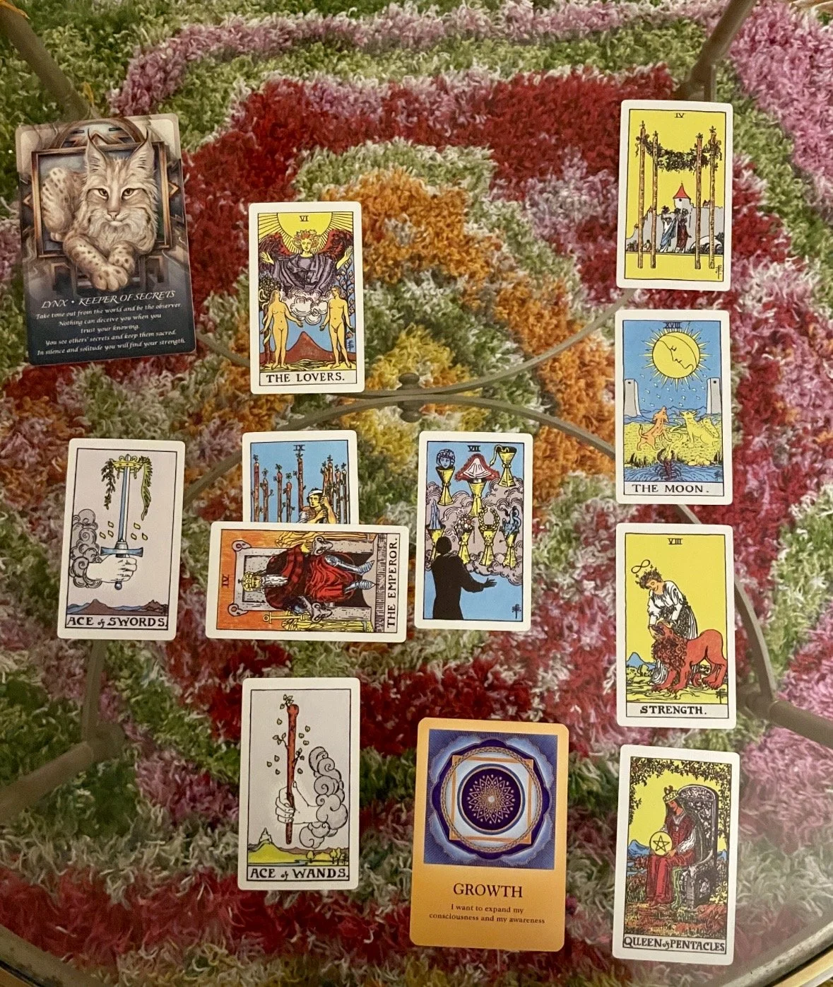 A tarot card spread on a floral background, including cards like The Lovers, The Moon, Strength, The Emperor, Queen of Pentacles, Ace of Wands, Ace of Swords, and a Growth card, with an image of a cat with the phrase "Keeper of Secrets" in the top left corner.