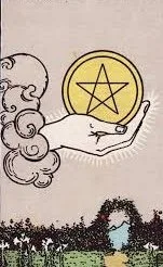 A hand holding a coin with a pentagram symbol, with curly hair and a background of a garden scene with trees.