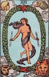 Astrological illustration of Gemini, a twin female figure with one leg raised, holding a sword in each hand, surrounded by several faces and lion heads.