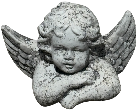 Weathered concrete angel sculpture with a cherub face and outstretched wings.
