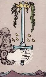 A hand holding a sword with a sword branch hanging above, entwined with plants and leaves, surrounded by clouds and raindrops.
