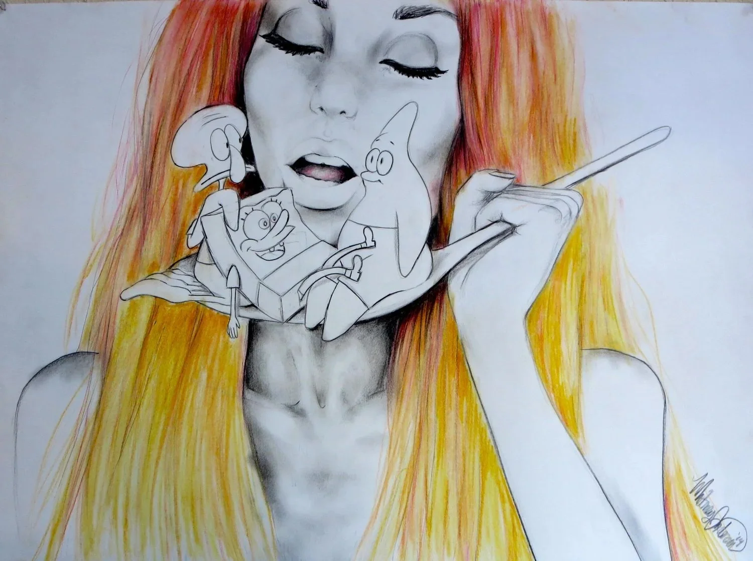 A mixed media artwork featuring a realistic woman with red hair and painted eyes, holding a paintbrush near her face. The artwork combines a realistic portrait with cartoon characters on her hand, including SpongeBob SquarePants, Patrick Star, and Squidward Tentacles, depicted in black and white sketches.