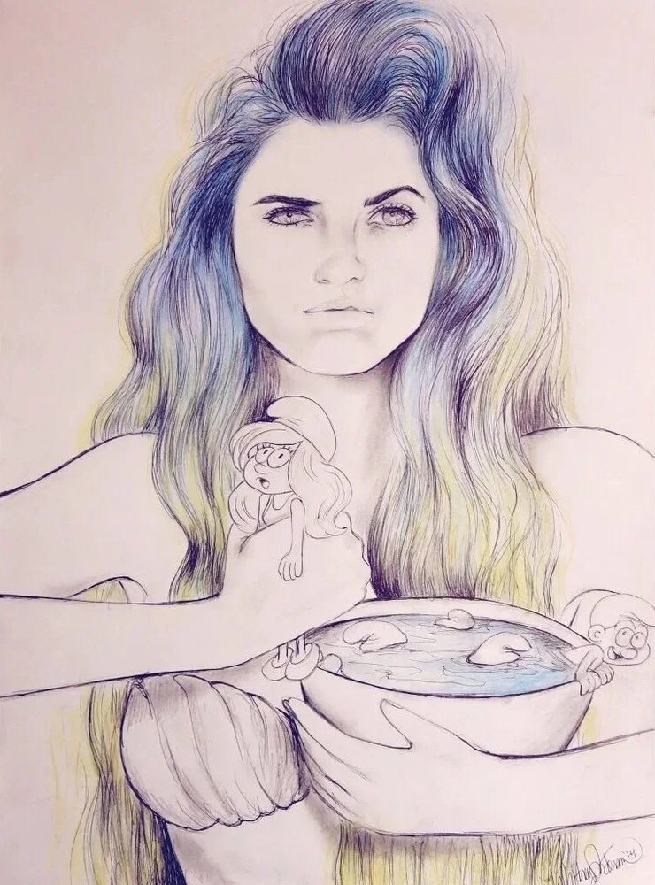 A mixed media illustration combining a realistic pencil drawing of a woman with long wavy hair holding a bowl of soup, and cartoon characters drawn on the woman's arm and holding her shoulder.