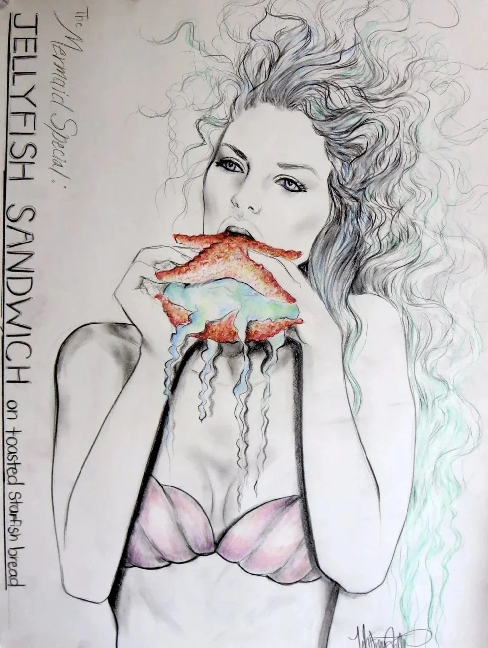 A hand-drawn illustration of a woman with long, curly hair holding a colorful, steaming slice of pizza. The drawing is mostly black and white, with only the pizza colored in shades of red, yellow, and green. Text on the left reads, 『The University Special! Jelly Fish Sandwich on Toasted Storey Bread』, with the artist's signature at the bottom right.