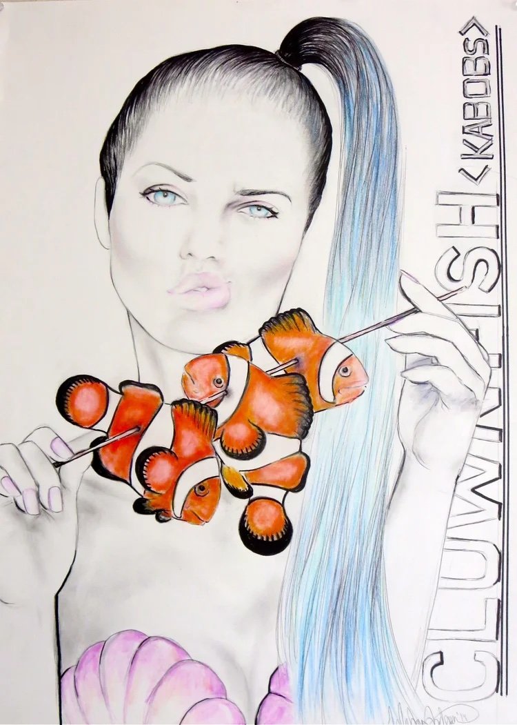 A sketch of a woman with blue hair, holding a string of clownfish. The woman's facial expression is pouting and she has piercing blue eyes. The coral is at the bottom of the sketch, and the writing on the right side reads 'CLOWN FISH / KRAIBESS'.