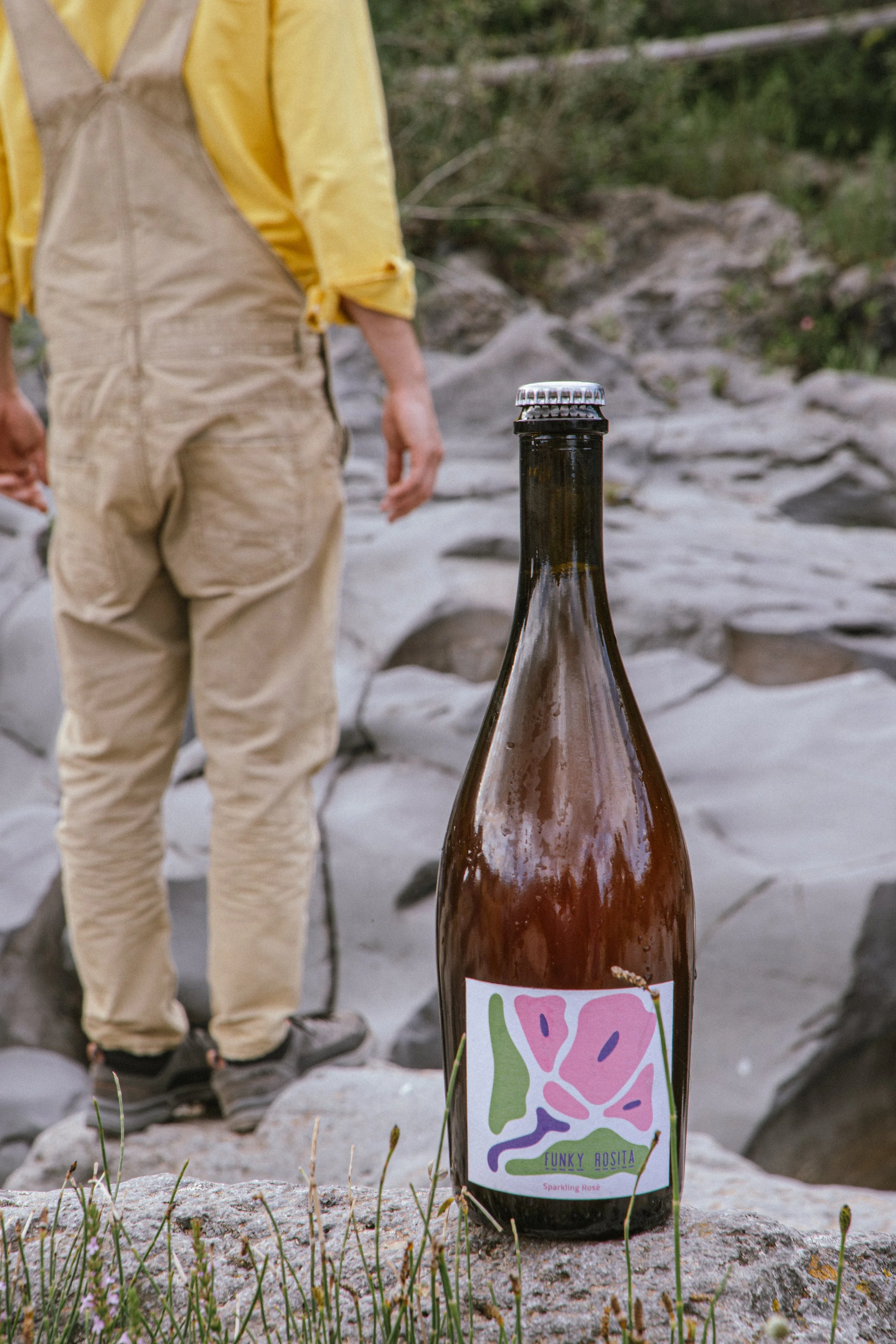 Una bottiglia di vino con etichetta colorata che dice 'Funky Rosita Sparkling Rose' in primo piano, con una persona vestita di beige e giallo che cammina su rocce dietro di essa.