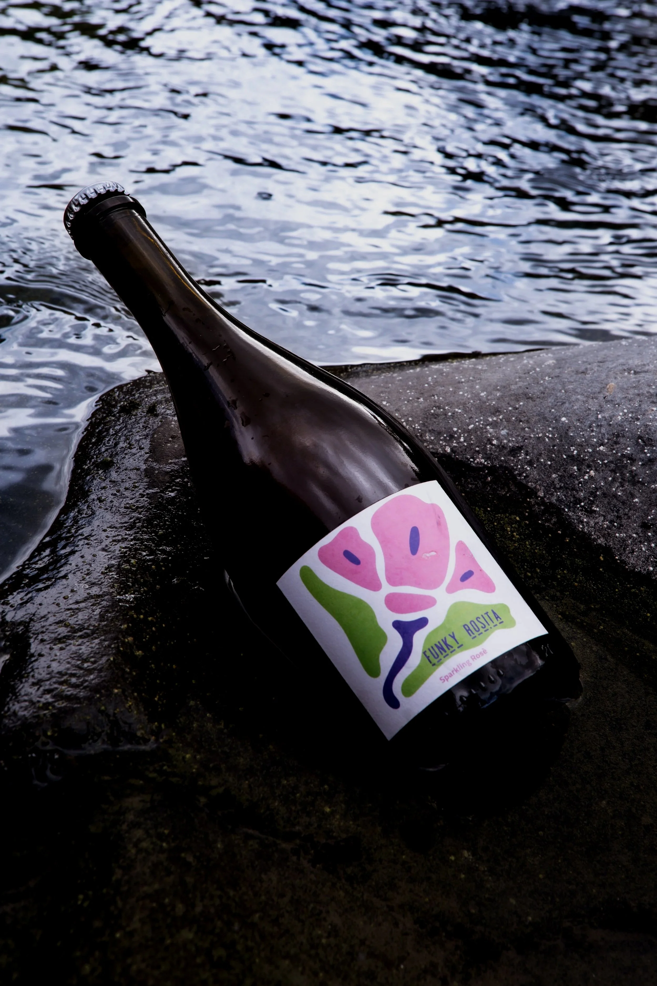Una bottiglia di vino rosa con etichetta colorata, appoggiata su una roccia vicino all'acqua.