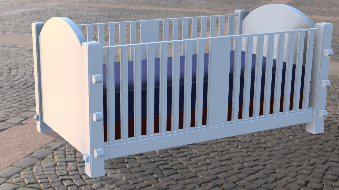 A digital model of a white daybed shaped like a crib with blue accents and vertical slats, placed on a cobblestone ground.