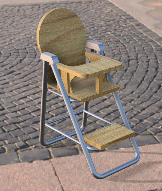 A digital model of a bar stool in the shape of a high chair with a wooden seat, backrest, and footrest, situated outdoors on a cobblestone pavement.