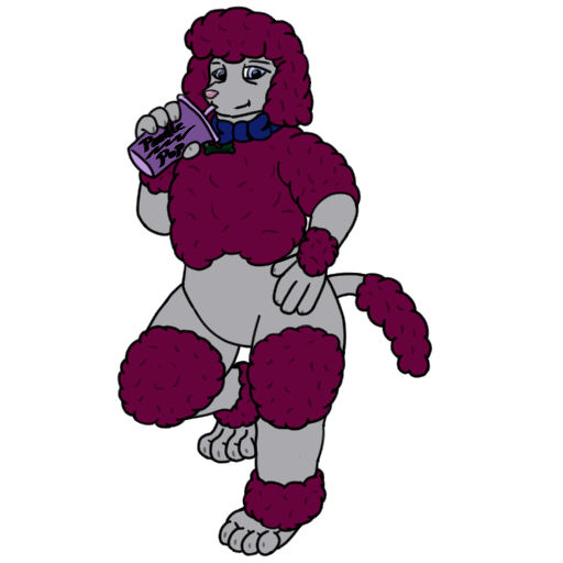 Anthropomorphic Poodle character with purple fur and hair, and an English-saddle cut, drinking from a soda cup.