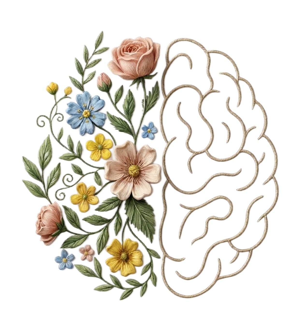 A decorative floral outline of a human head filled with colorful flowers and leaves on a transparent background.