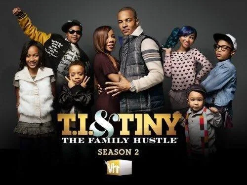 Group of eight people, family portrait for the TV show 'T.I. & Tiny: The Family Hustle', Season 2, with the show's logo at the bottom.