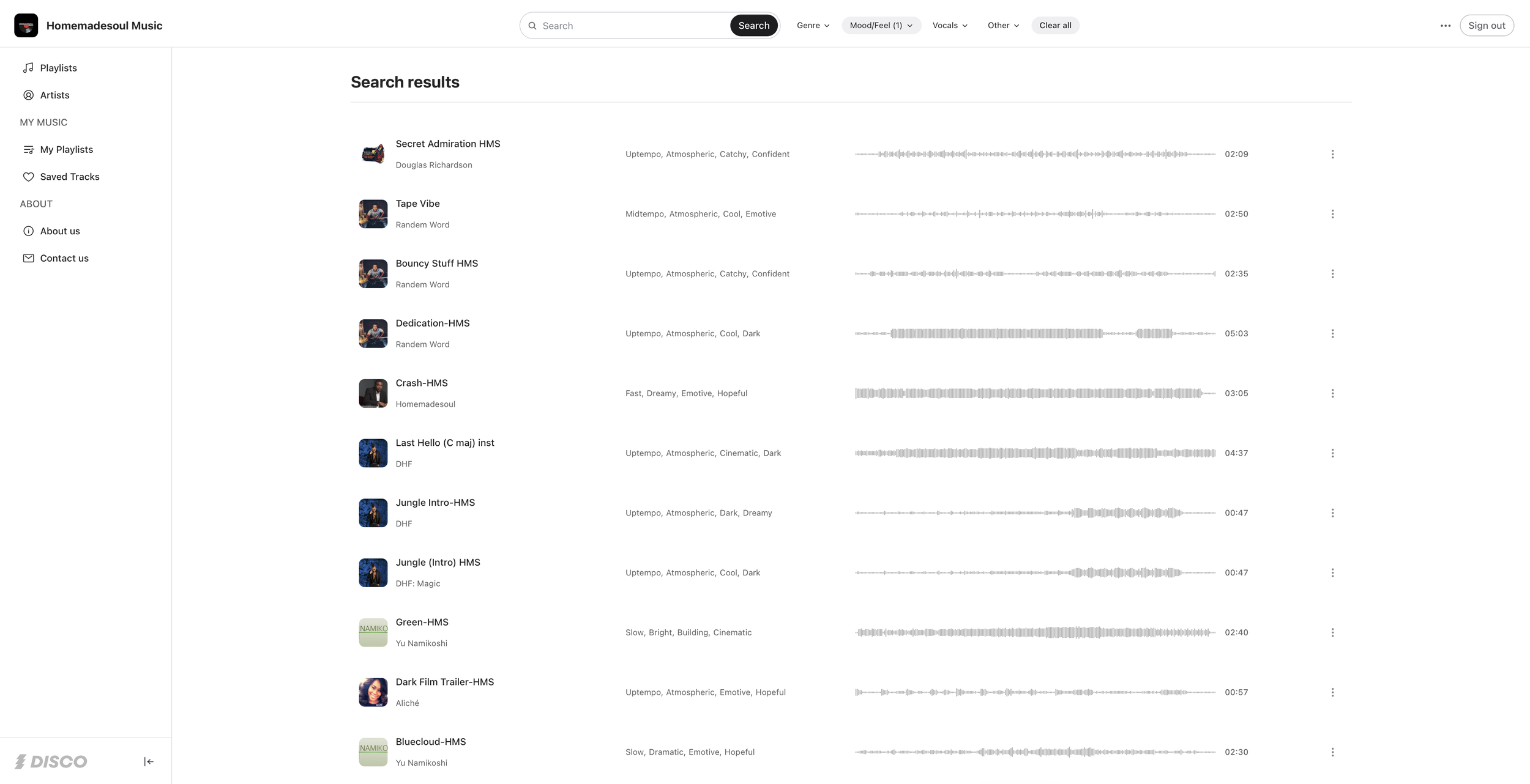 Screenshot of a music streaming platform showing search results for music tracks, with track titles, artists, genres, and durations listed.