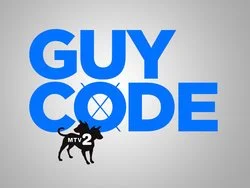 Logo for Guy Code with bold blue text and a black dog mascot holding a sign for MTV2