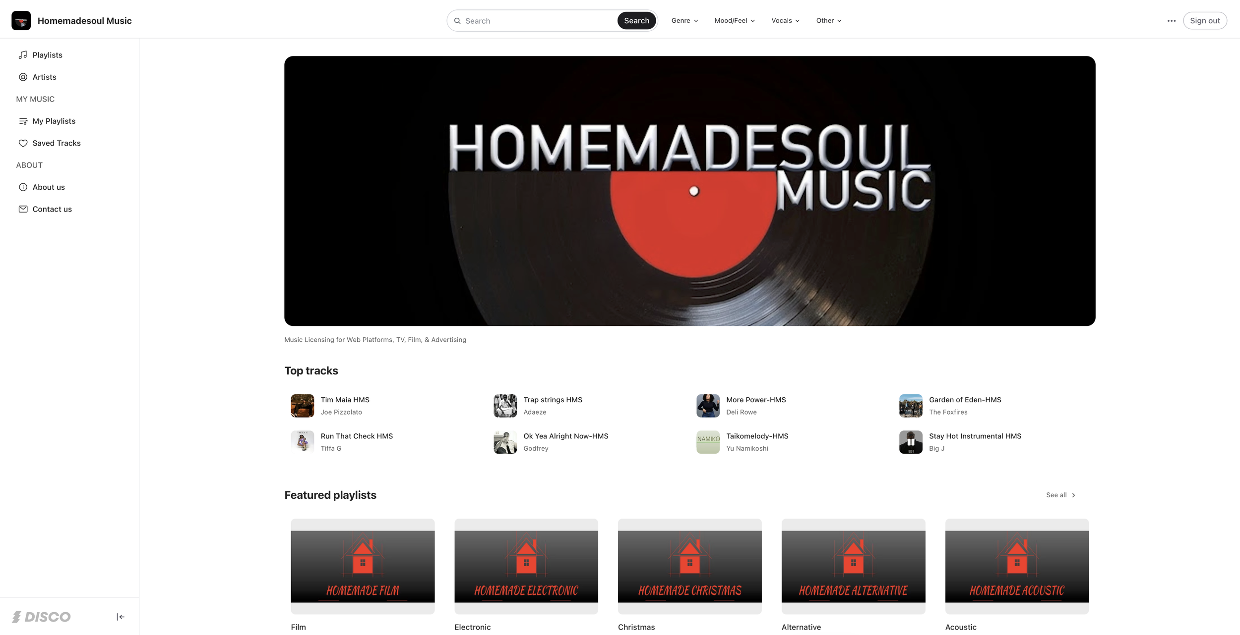 Screenshot of a music website called Homedomsoul Music, showing navigation menu, a large vinyl record with text 'HOMEMADE SOUL MUSIC', top tracks, and playlists for various music genres.