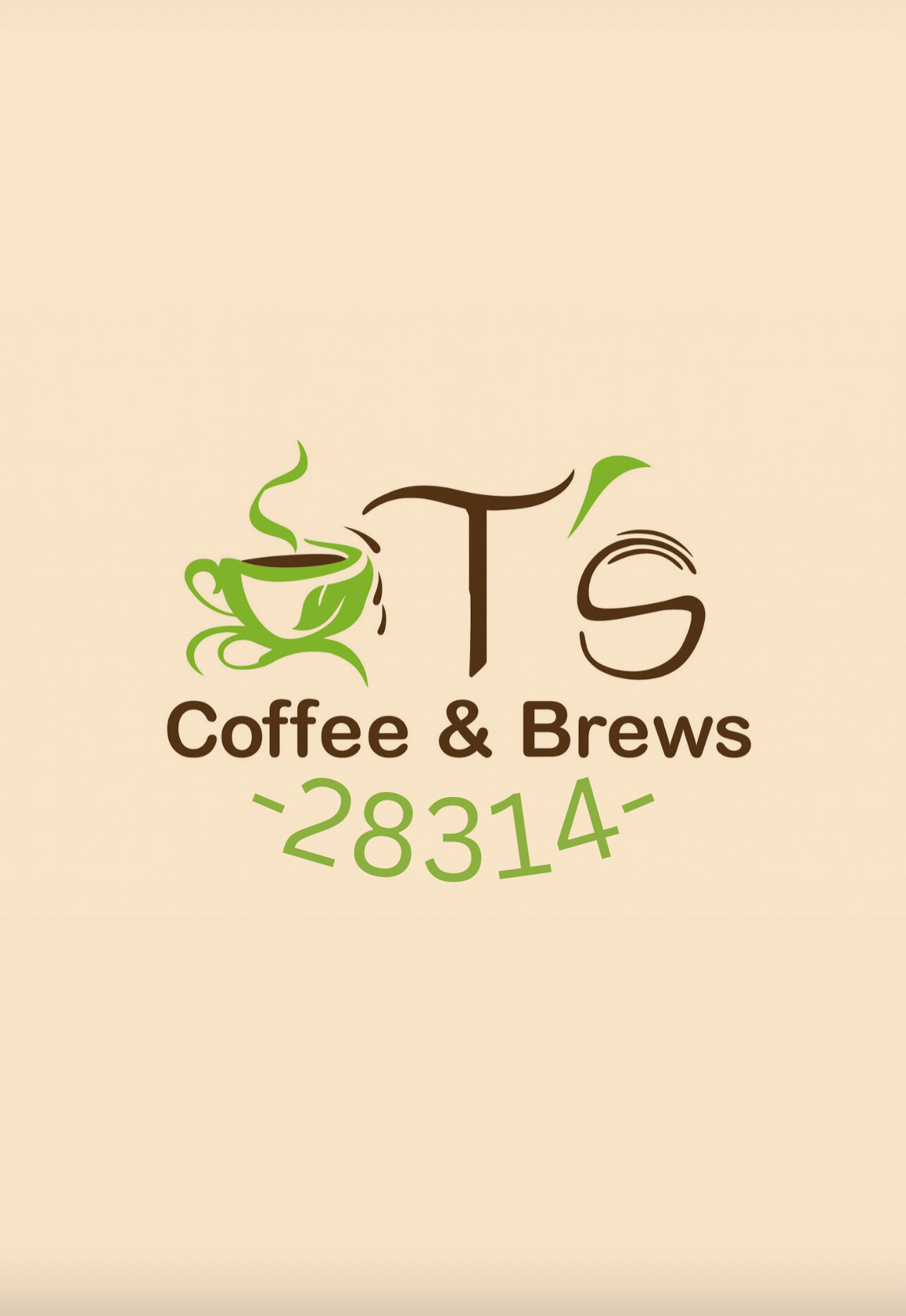 Logo for T's Coffee & Brews featuring a green coffee cup with steam, stylized letters T and S, and the number 28314 in green.