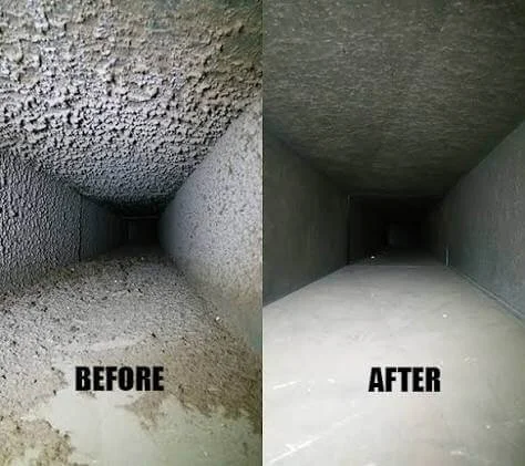 Side-by-side comparison of ductwork, showing dirt and dust before cleaning on the left and a clean, smooth interior after cleaning on the right.