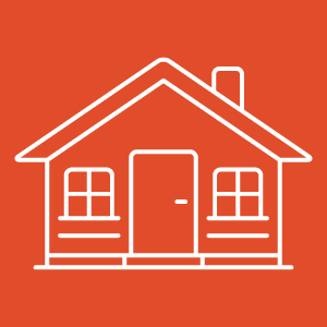 Simple line drawing of a house with a gabled roof, two windows, a front door, and a chimney, on an orange background.