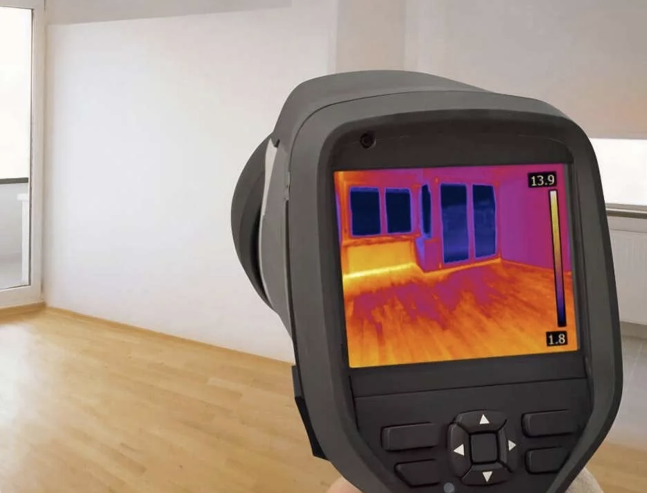 Infrared thermal camera showing a room with wooden flooring, white walls, and large windows, with temperature readings on the display.